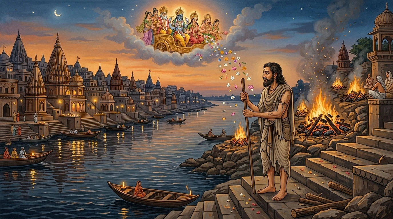 Truthful King Hariścandra guarding the cremation pyres of Kāśī along the sacred Gaṅgā