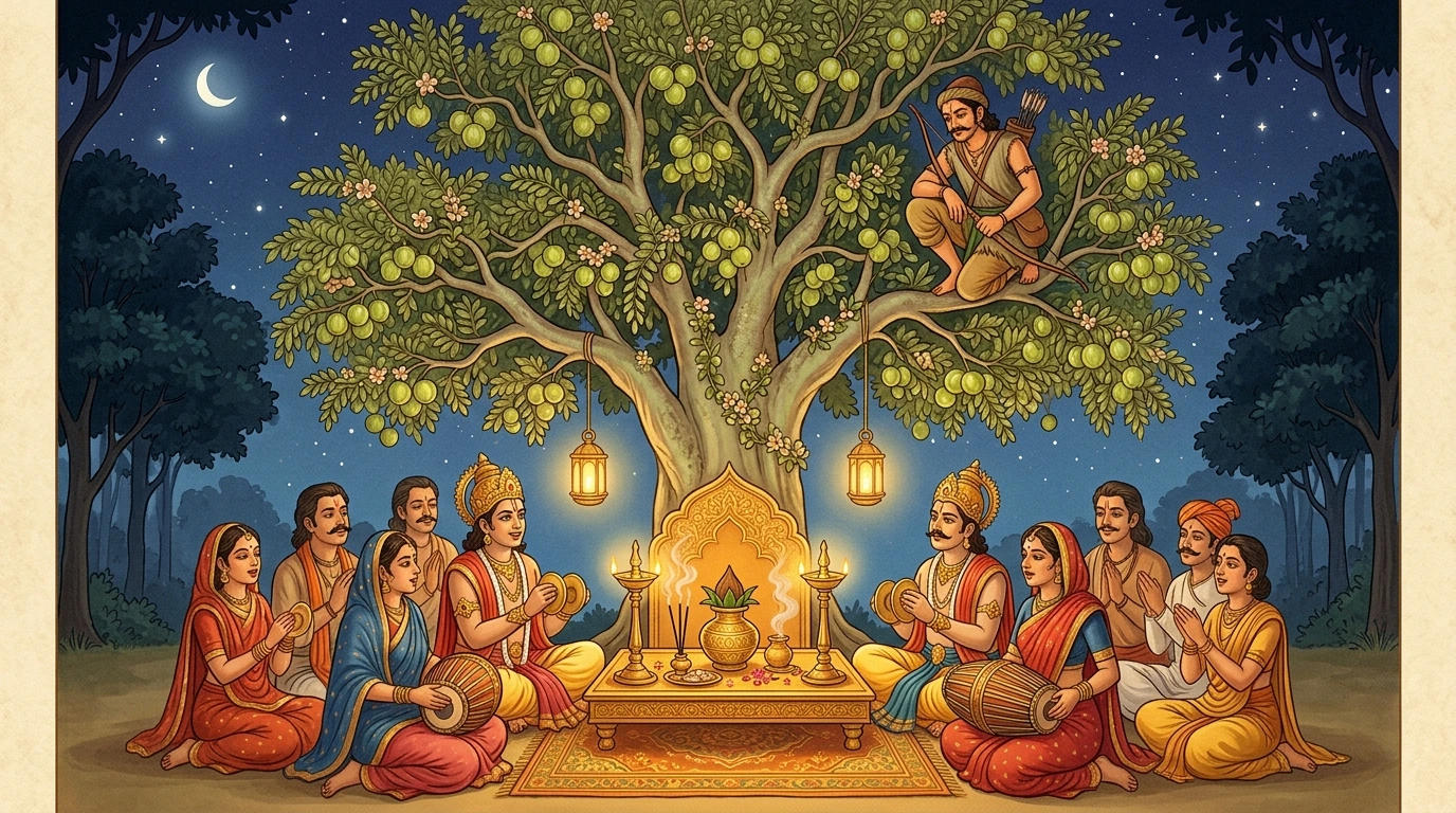 King Caitraratha, citizens, and a hunter keeping night vigil around the sacred blooming Āmalakī tree