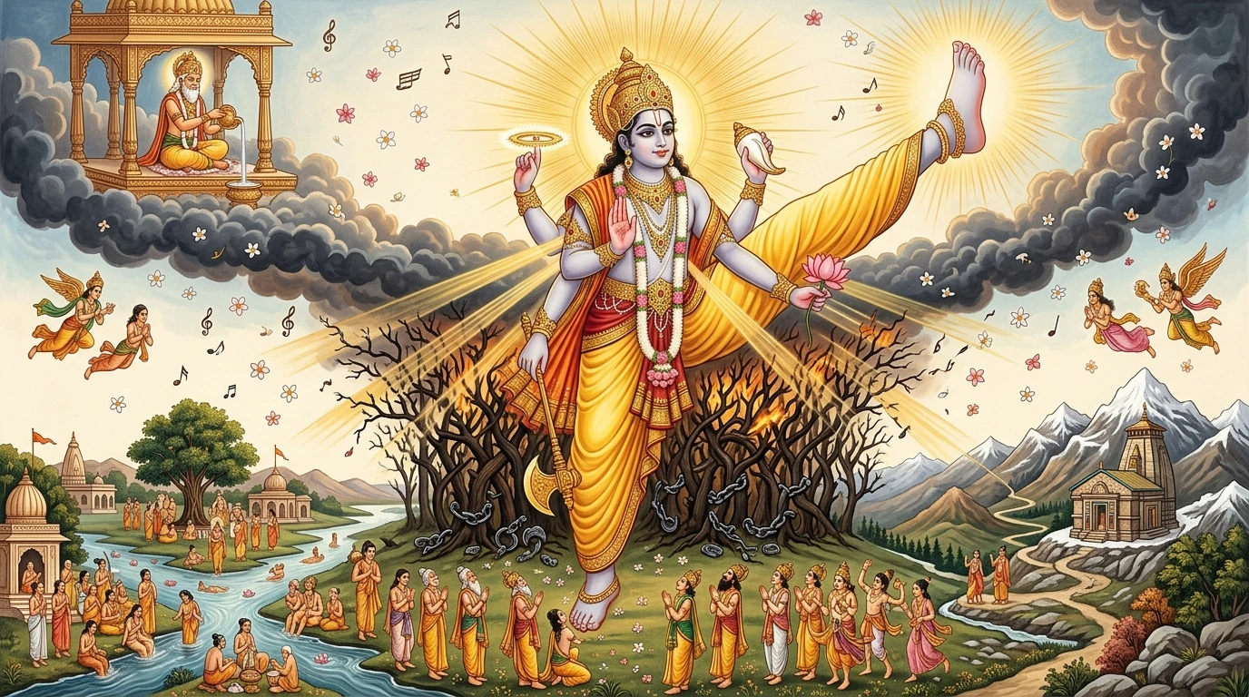 Lord Trivikrama stepping across the cosmos, granting boundless spiritual merit to repentant souls