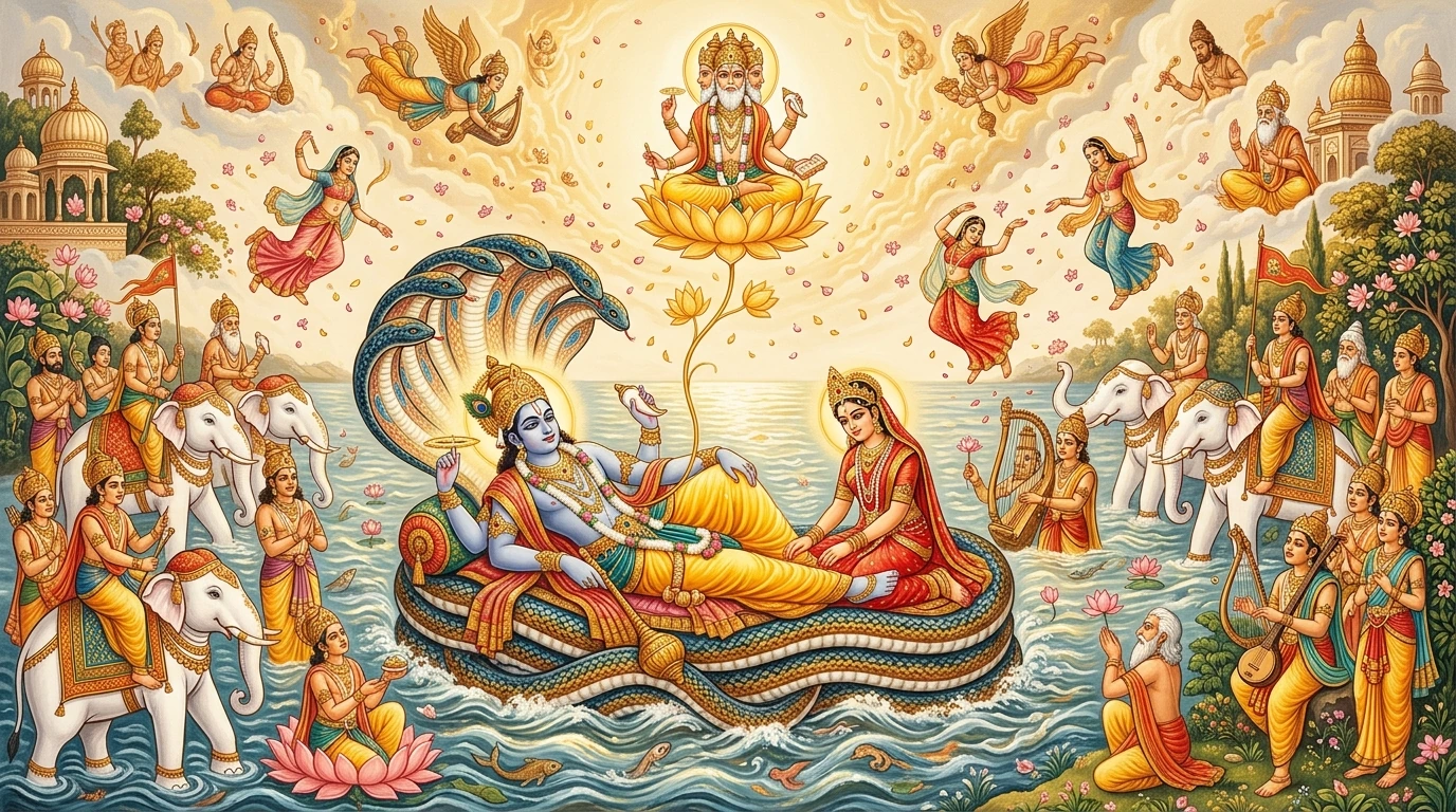 Lord Viṣṇu entering four-month cosmic Yoga Nidrā upon Ananta Śeṣanāga in the ocean of milk