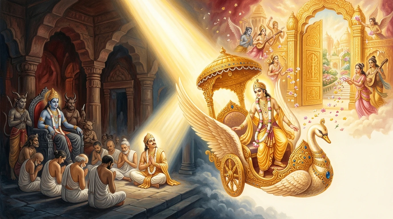 The ancestors ascending from Yamaloka to Vaikuṇṭha in a golden vimāna by the merit of Indirā Ekādaśī