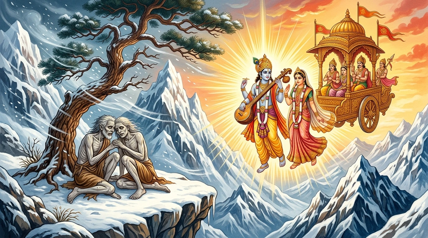 Mālyavān and Puṣpavatī liberated from their goblin curse ascending to Vaikuṇṭha in a golden vimāna