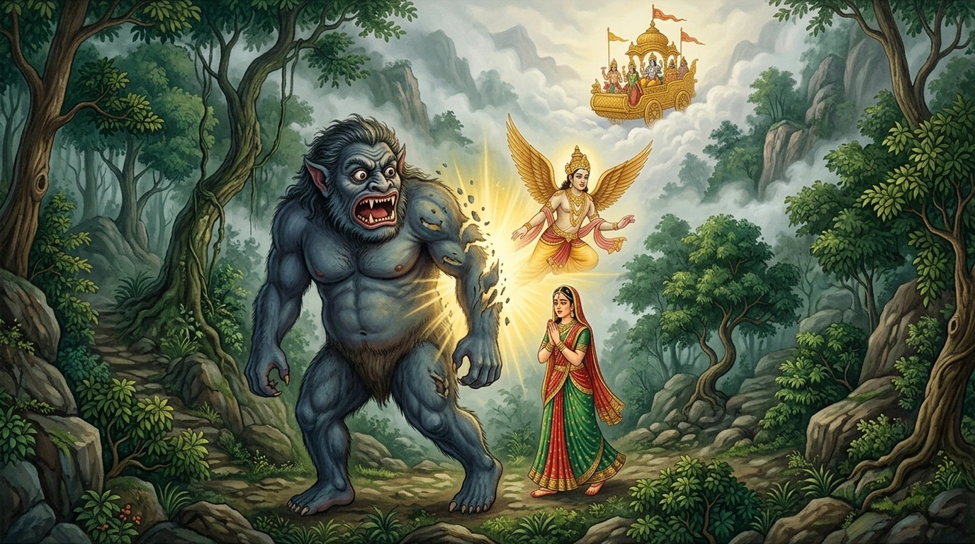 Demon Lalita transformed back into a radiant winged Gandharva alongside his devoted wife Lalitā