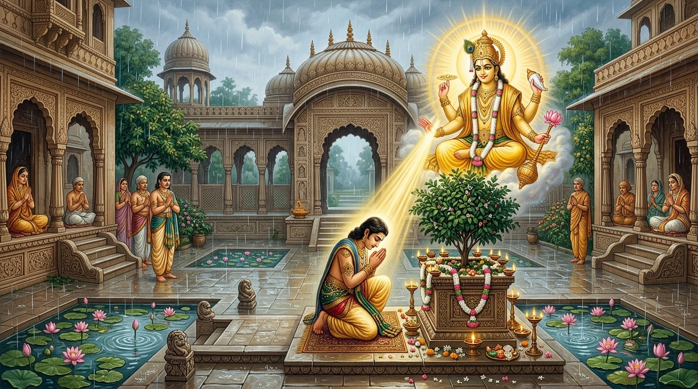 Devotee worshipping the sacred Tulasī plant in the monsoon rain as Lord Śrī Hari manifests in golden light