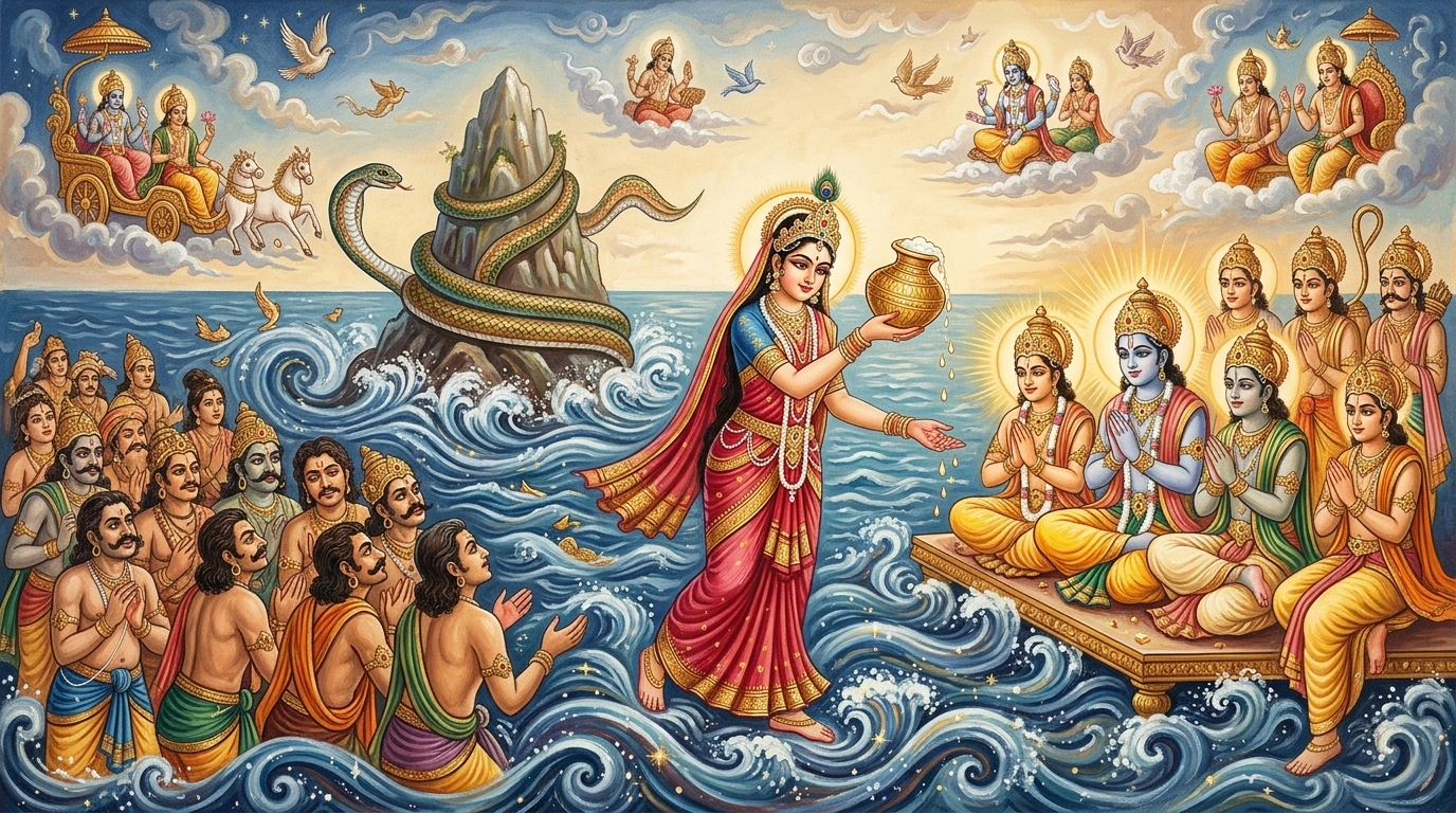 Lord Viṣṇu as the enchanting Mohinī Mūrti distributing the immortal Amṛta nectar during Samudra Manthana