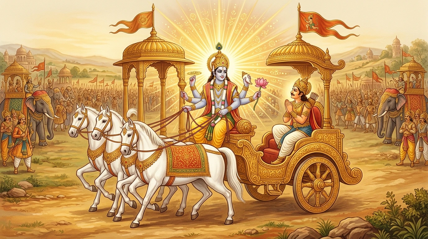 Lord Kṛṣṇa as Pārthasārathi imparting the Bhagavad Gītā to Arjuna on the golden chariot at Kurukṣetra