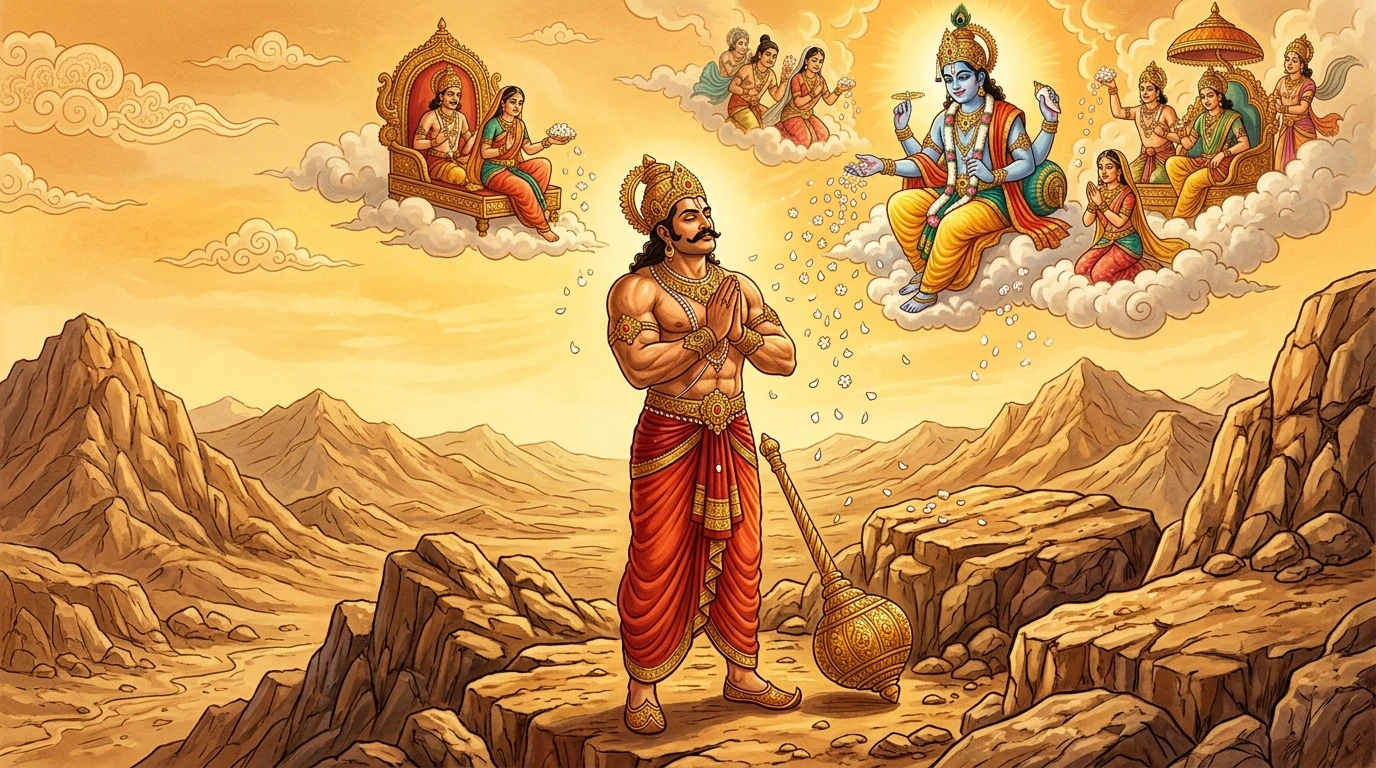 Prince Bhīmasena holding his mace, observing the arduous waterless fast in scorching mountain heat