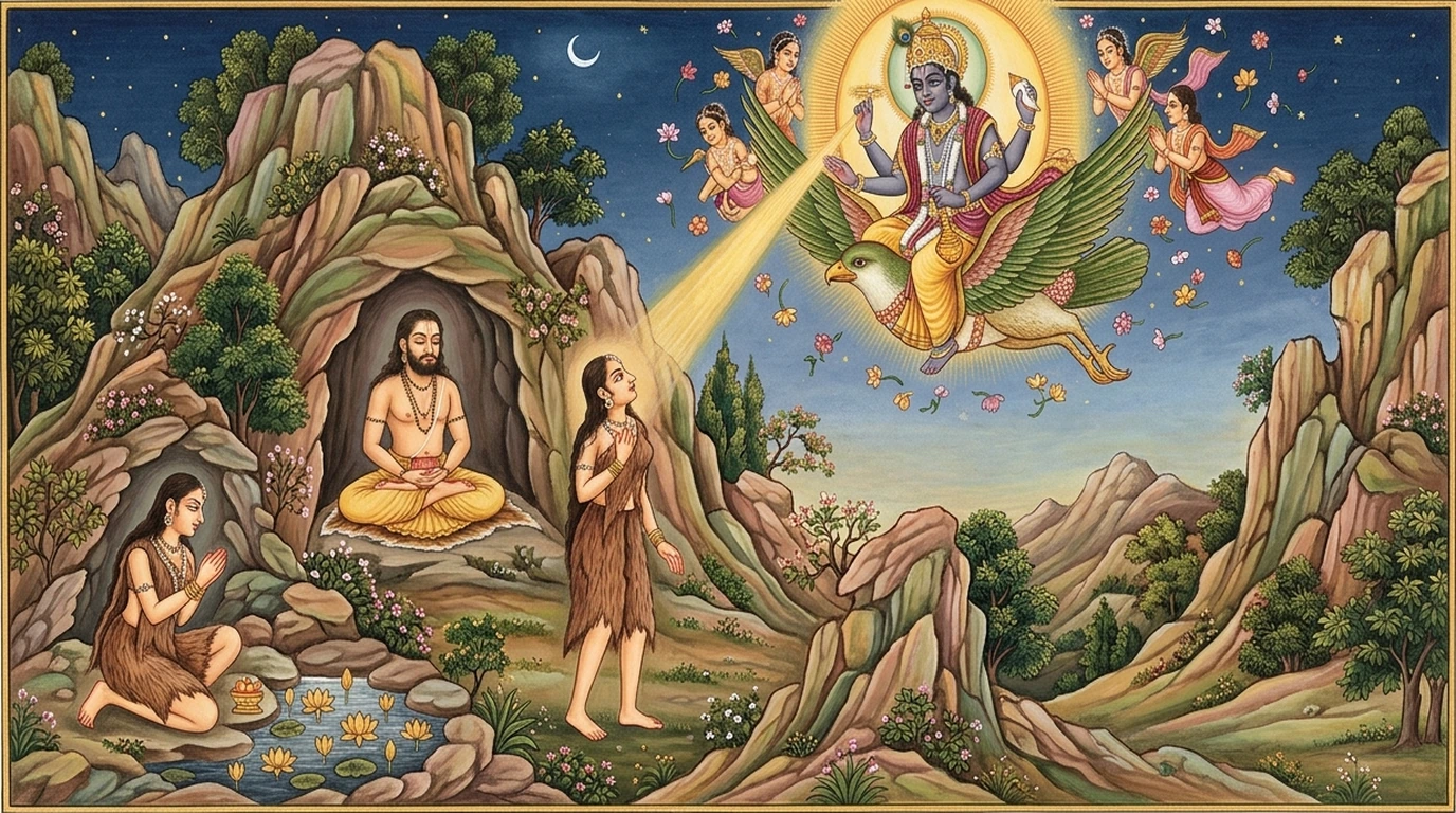 Queen Padminī offering golden lotuses by the mountain lake before Lord Viṣṇu on Garuḍa during Adhika Māsa
