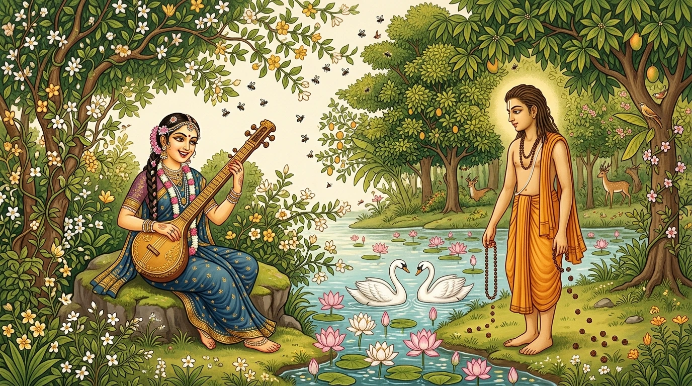 Apsarā Mañjughoṣā playing the golden vīṇā in the Caitraratha forest before Sage Medhāvin