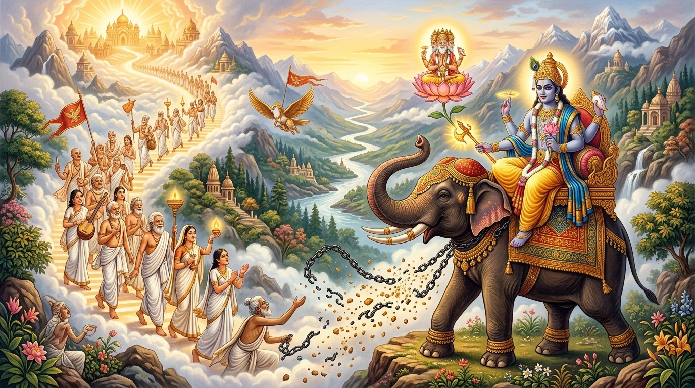 Lord Padmanābha wielding the golden goad of spiritual discernment, taming karma and liberating ancestors