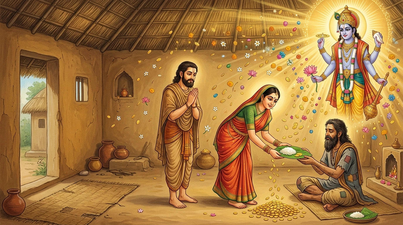 Pavitrā serving her last food to a guest as Lord Viṣṇu showers golden celestial abundance upon the humble home