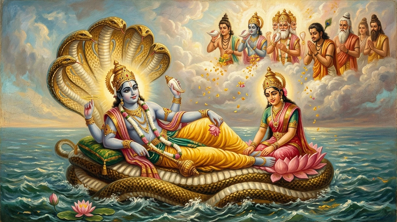 Lord Viṣṇu gracefully turning side upon Ananta Śeṣanāga in Kṣīrasāgara as celestial Devas and Ṛṣis rejoice