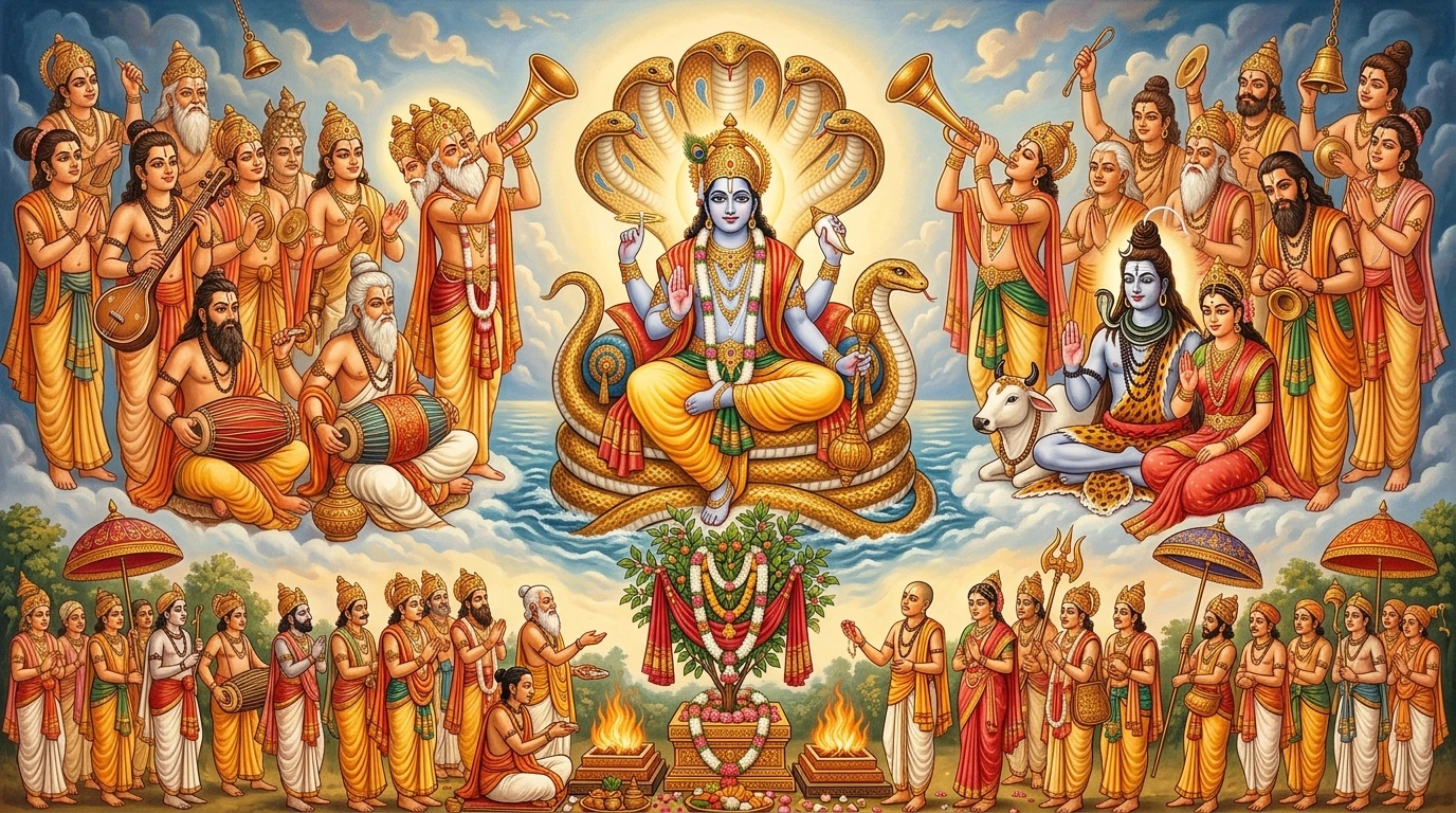Lord Viṣṇu awakening from His cosmic slumber amidst sounding of conches, heralding the sacred Tulasī Vivāha