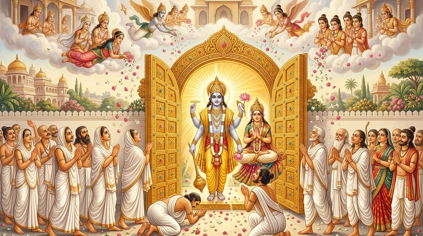 Lord Vaikuṇṭha Nārāyaṇa appearing at the radiant open Vaikuṇṭha Dvāra