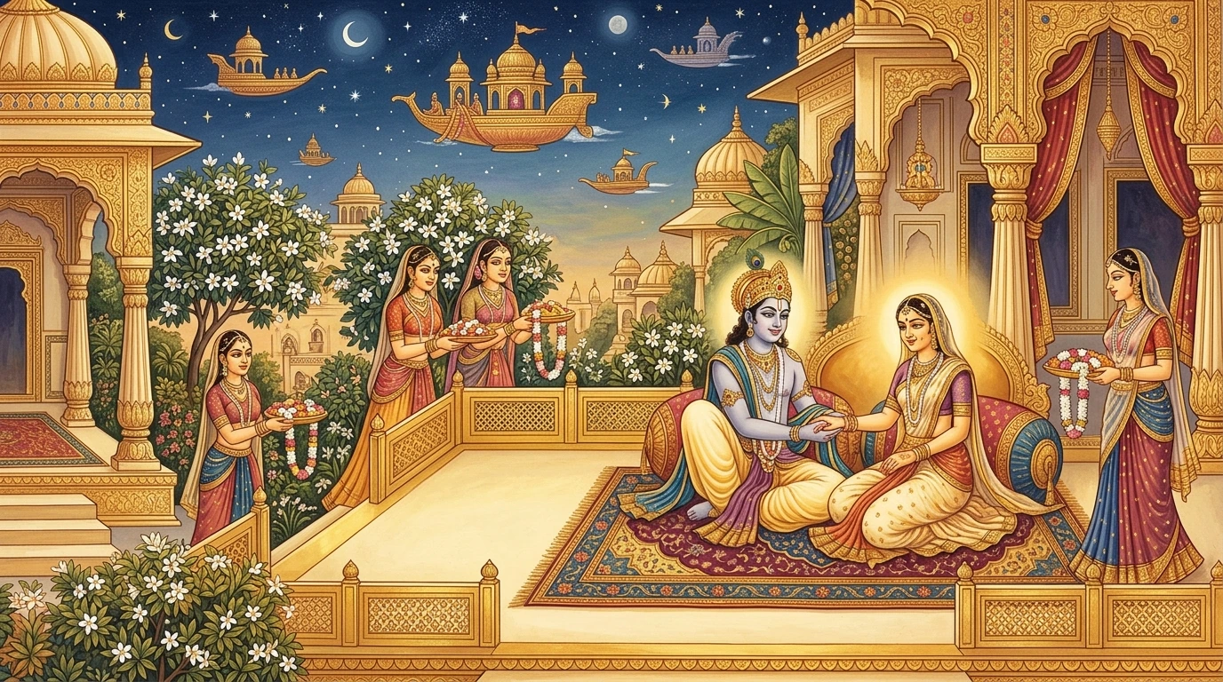 Prince Śobhana and Princess Candrabhāgā reunited in the celestial crystal palace atop Mount Mandarācala