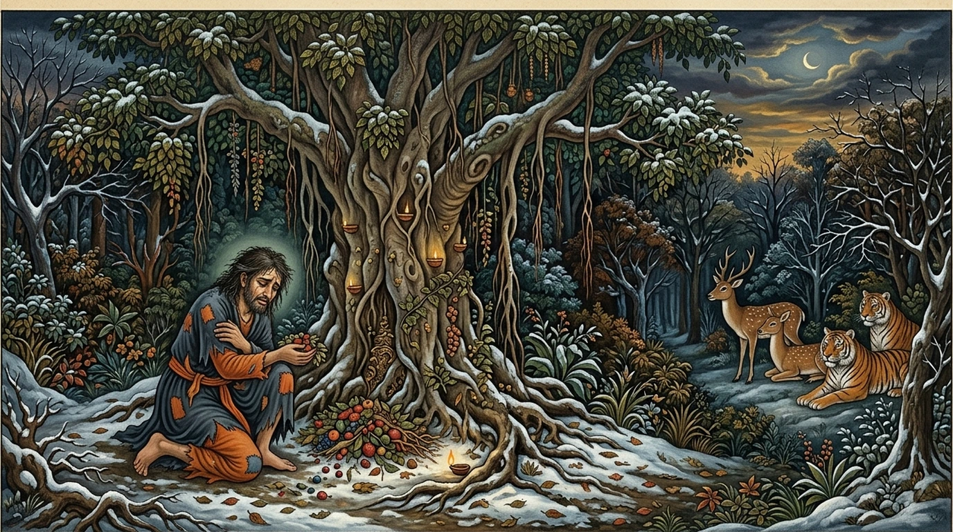 Repentant Prince Lumpaka shivering in the winter forest beneath the sacred Aśvattha tree offering forest fruits