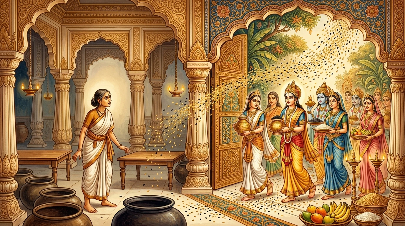 Lord Viṣṇu blessing the ascetic woman as golden sesame seeds shower upon her celestial palace