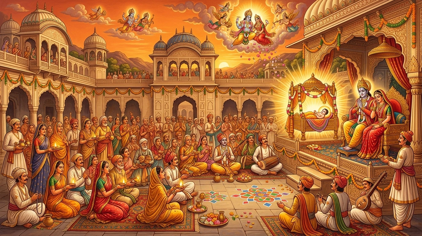 Citizens of Māhiṣmatī celebrating the birth of the newborn prince in the palace courtyard