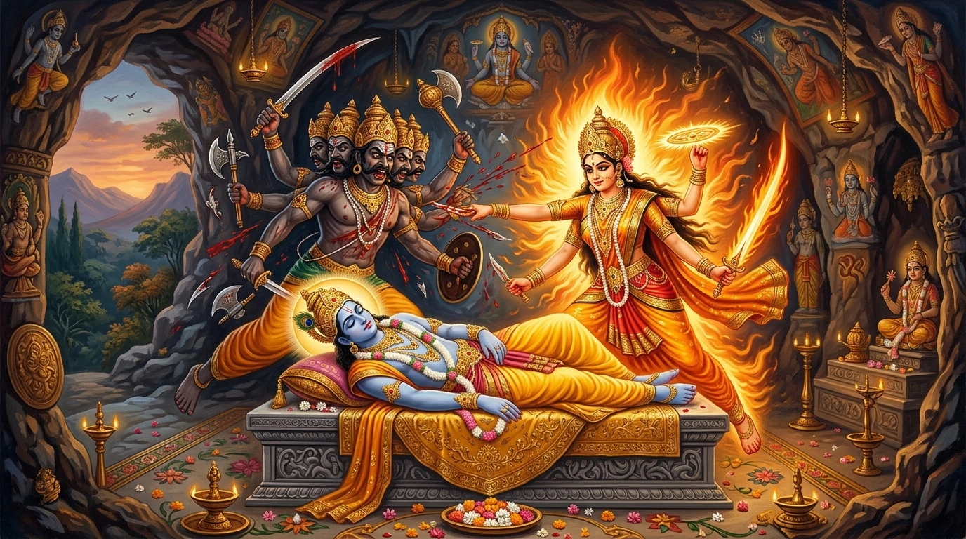 Ekādaśī Devī manifesting from the sleeping Lord Viṣṇu in Siṃhavatī cave to destroy demon Mura