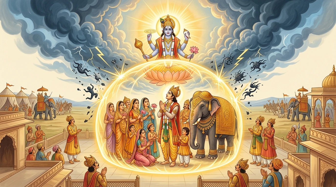 Lord Madhusūdana bestowing the divine protective armor of grace upon King Māndhātā
