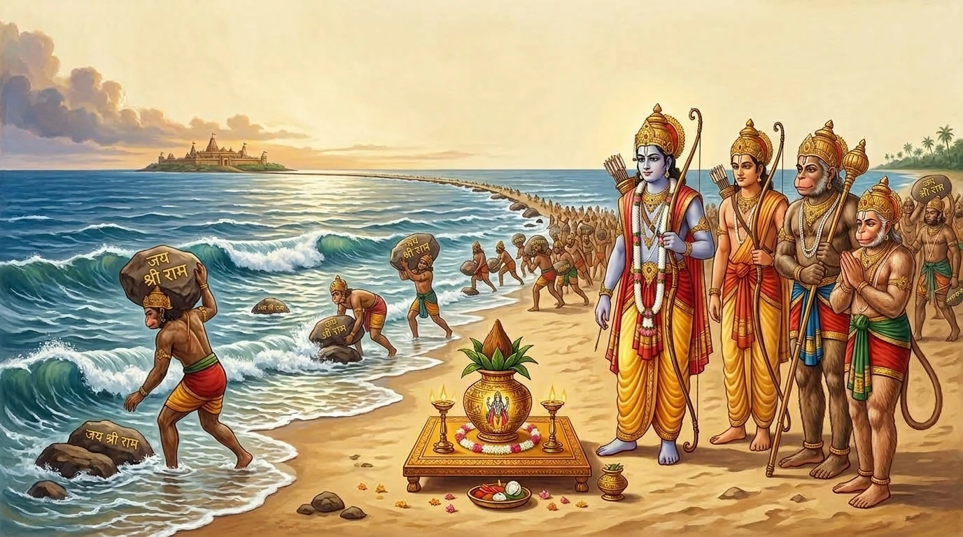 Lord Śrī Rāma, Lakṣmaṇa, Sugrīva, and Hanumān on the ocean shore as Vānarās carry stones inscribed with Jay Śrī Rām building Rāma Setu