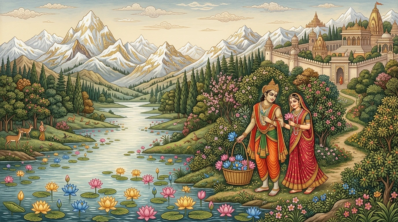 Yakṣa Hemamālī and his wife Viśālākṣī gathering blue lotuses at Lake Mānasa for King Kubera’s daily Śiva ritual