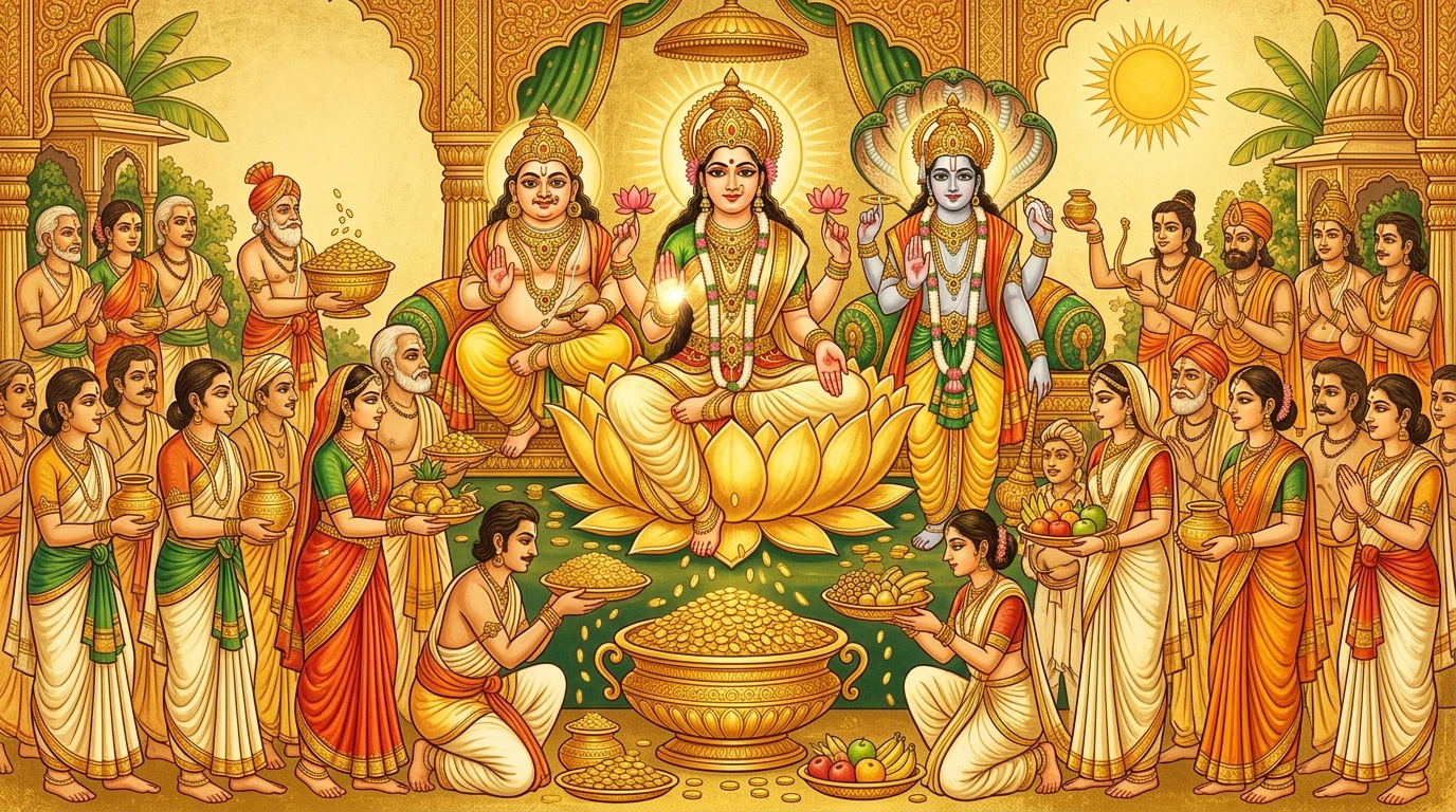 Goddess Mahālakṣmī, Lord Kubera, and Lord Viṣṇu bestowing inexhaustible abundance through the divine Akṣaya Pātra