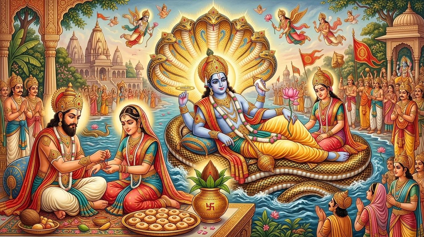 Lord Ananta Padmanābha on the fourteen-hooded serpent Śeṣanāga as King Yudhiṣṭhira and Draupadī observe Ananta Vrata