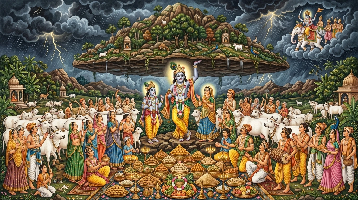 Lord Śrī Kṛṣṇa lifting Mount Govardhana on His little finger to shelter Vraja, with the Annakūṭa mountain of feast offerings