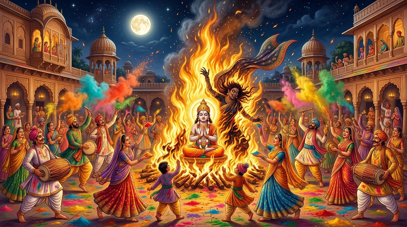 Child Prahlāda seated unharmed in the roaring Holikā bonfire chanting Lord Nārāyaṇa’s name as devotees celebrate with colors