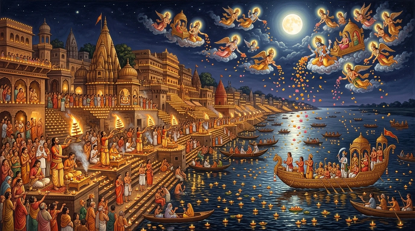 Dev Dīpāvali in Vārāṇasī: Countless thousands of golden earthen deepas illuminating the ghats of Kāśī as celestial devas descend