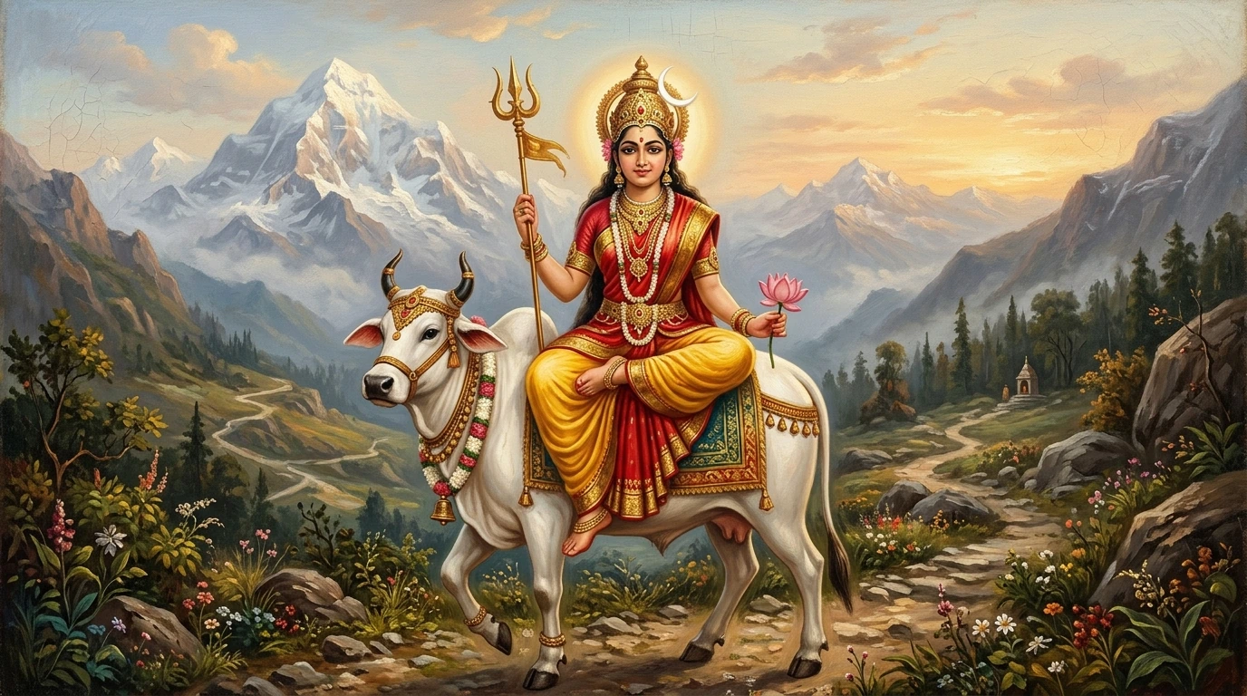 Classical 19th-century oil painting of Goddess Shailaputri seated on Nandi bull holding trishula and pink lotus against the Himalayas