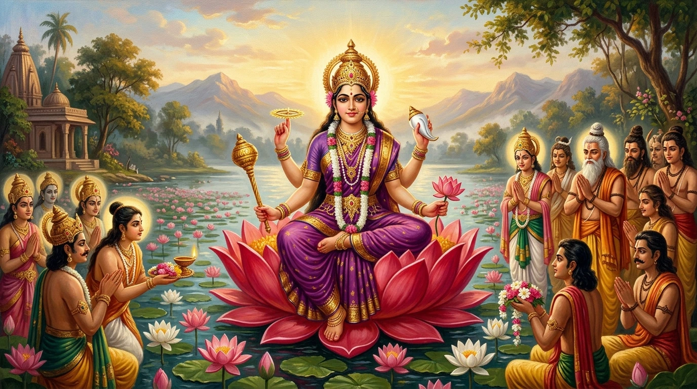 Classical oil painting of Goddess Siddhidatri seated on a fully blossomed pink lotus with four arms holding chakra, shankha, gada, and lotus, revered by devas