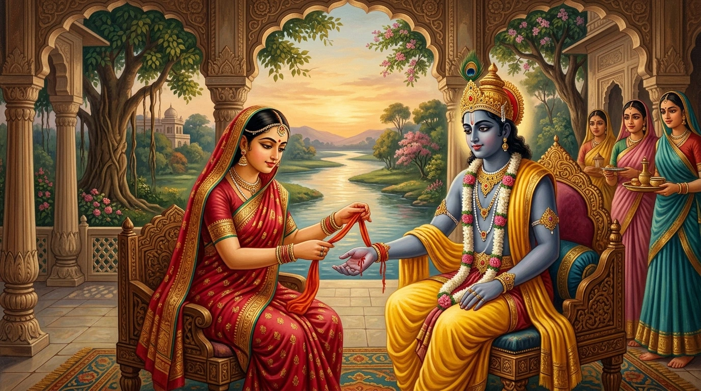 Queen Draupadī lovingly binding her sacred crimson silk sārī strip around the wounded hand of Lord Śrī Kṛṣṇa