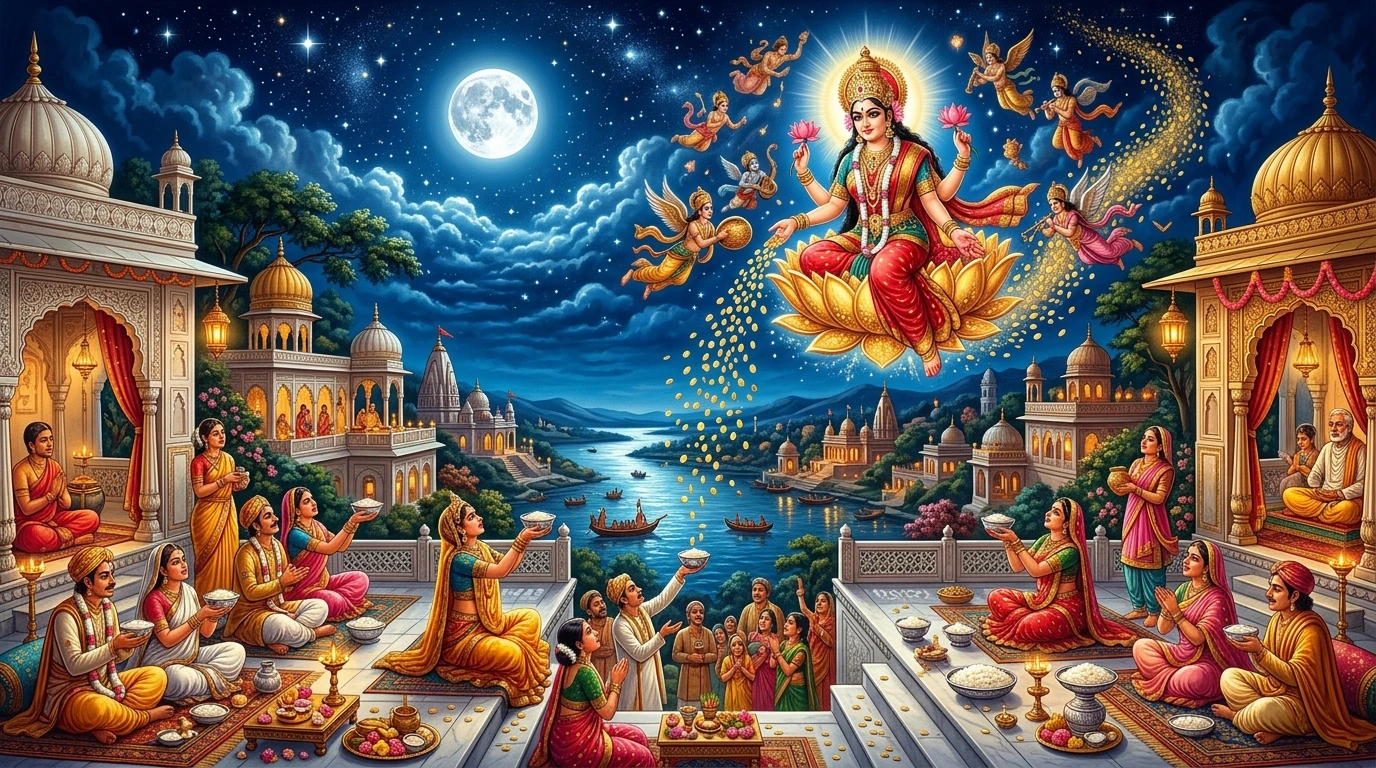 Goddess Mahālakṣmī showering golden coins under the radiant autumn full moon as families keep vigil with kheer