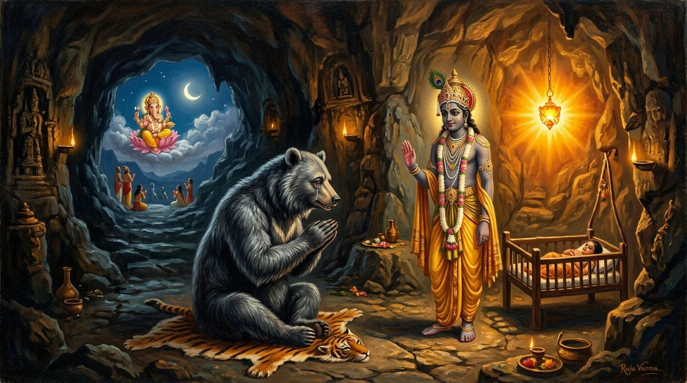 Classical oil painting of the Syamantaka Mani legend: Lord Krishna in the cave with the venerable bear-king Jambavan and the radiant solar gem