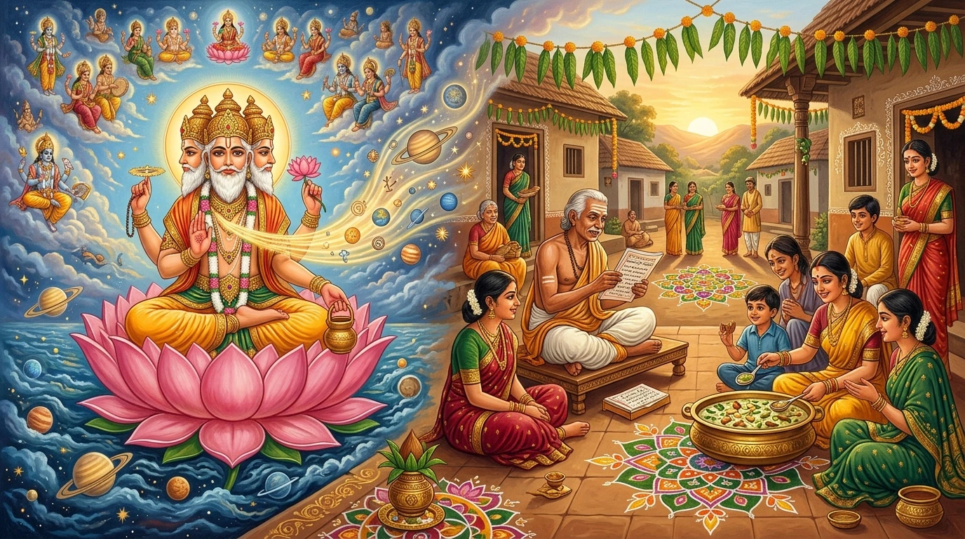 Lord Brahmā inaugurating the turning of the Saṁvatsara as families share sacred Ugādi pacchaḍi and read the Pañcāṅgam