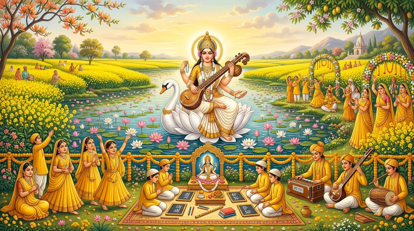 Goddess Sarasvatī on a white swan amidst blooming yellow mustard fields as students celebrate Vidyārambha